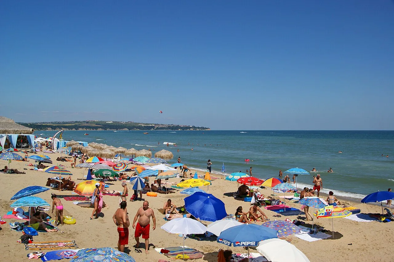 Long sandy beach with sunbeds and umbrellas at Obzor on the Black Sea