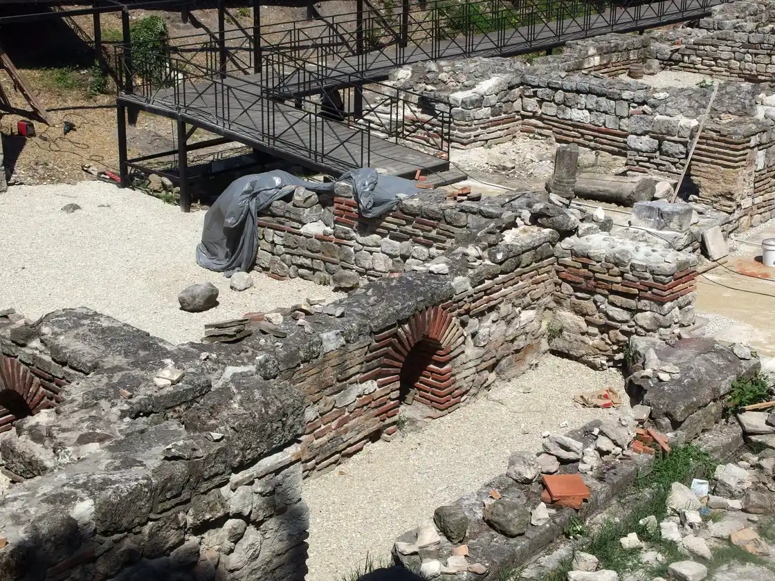 Close view of the Roman Thermae of Varna showing brick relieving arches and mixed stone-and-brick Roman walling