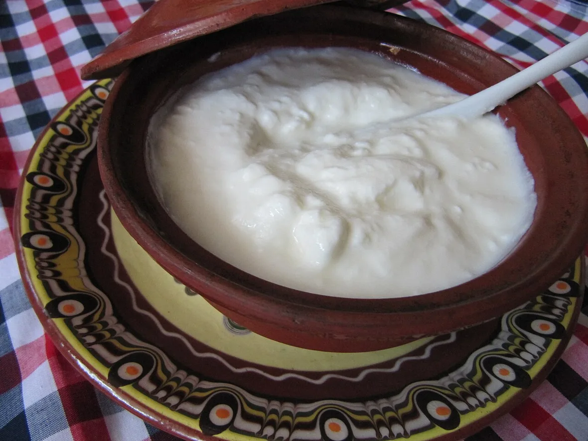 Thick white Bulgarian yogurt in a folk-pattern clay pot with a spoon standing upright