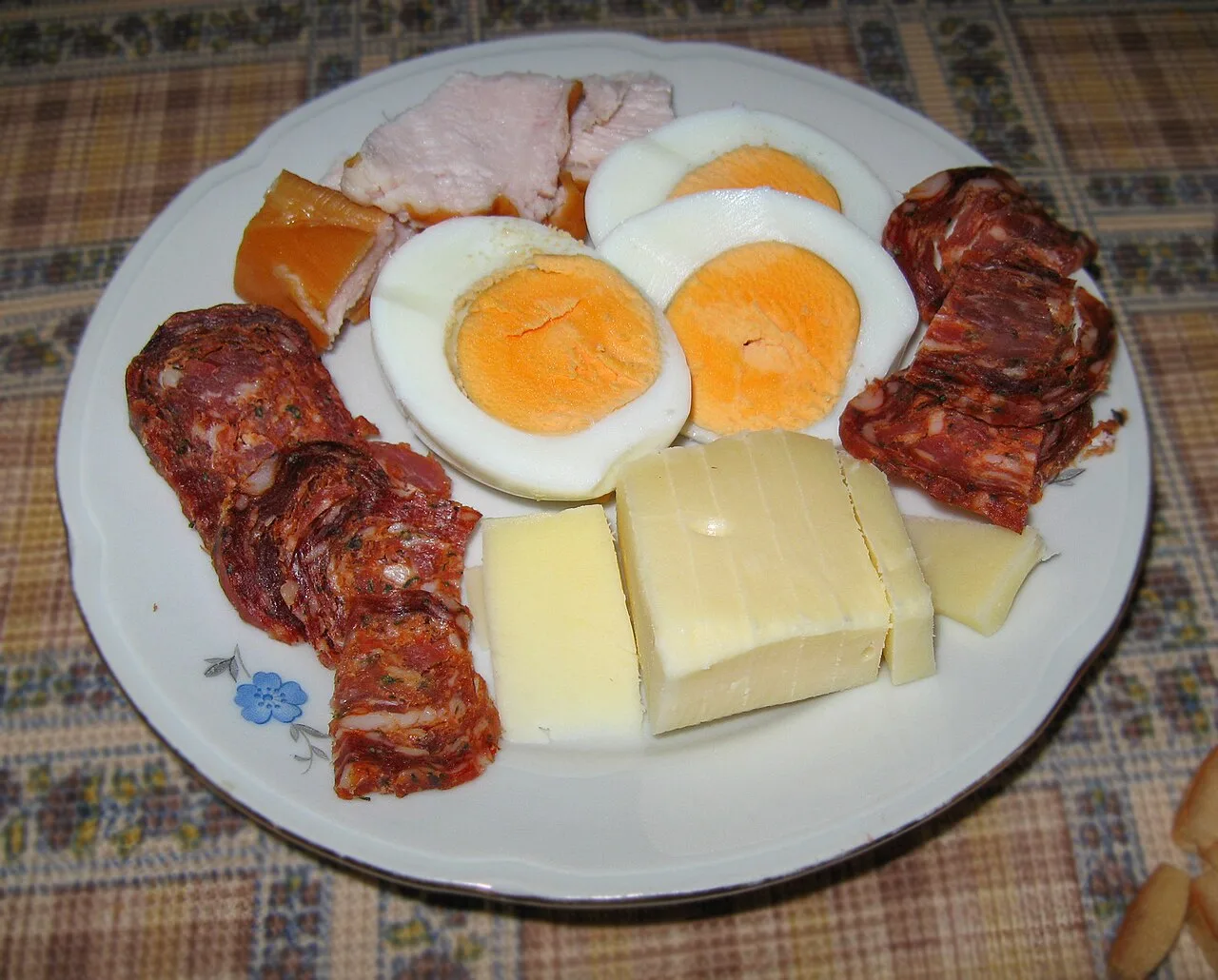 A Bulgarian meze plate with sliced ham, boiled eggs, cubes of yellow kashkaval cheese and lukanka sausage