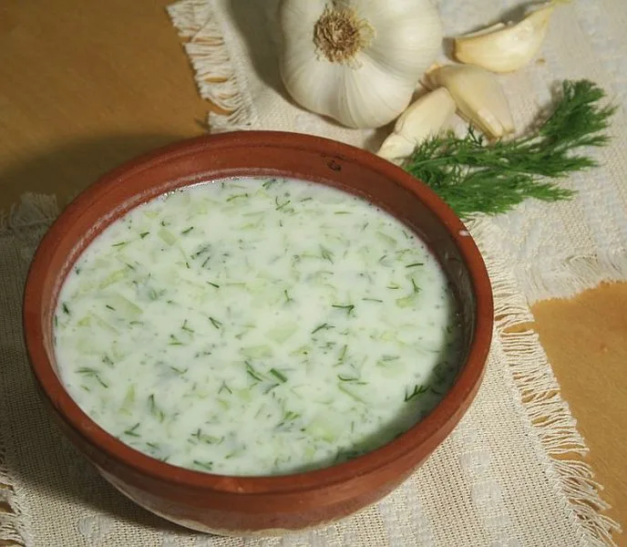 A clay bowl of tarator, cold Bulgarian yogurt soup with cucumber and dill, beside a head of garlic and fresh dill