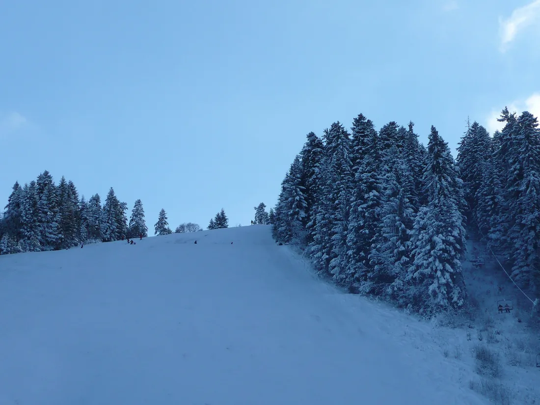 A view over the rooftops of the Borovets resort toward the forested Rila mountains