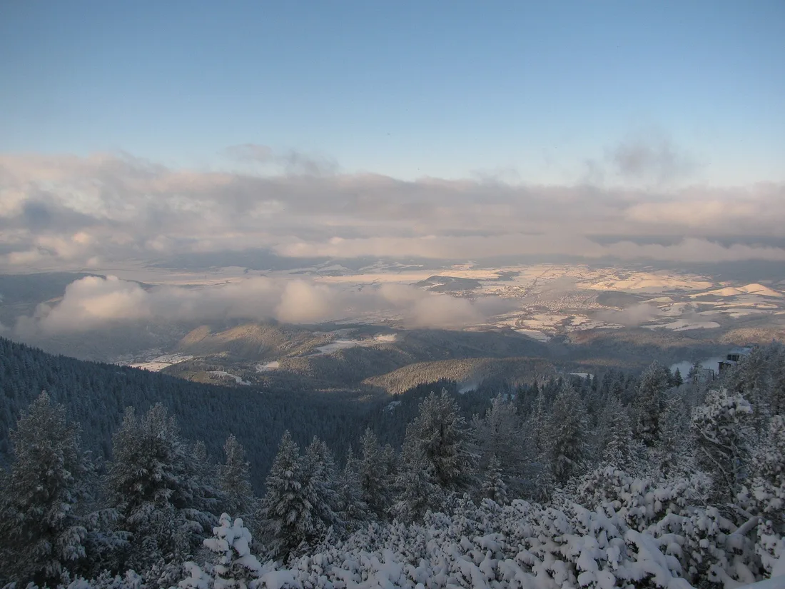 The Samokov valley seen from above Borovets, farmland and the town spreading out below the forested slopes