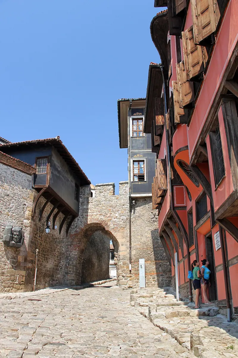 The tall painted facade of the Georgiadi House, a National Revival mansion in Plovdiv Old Town