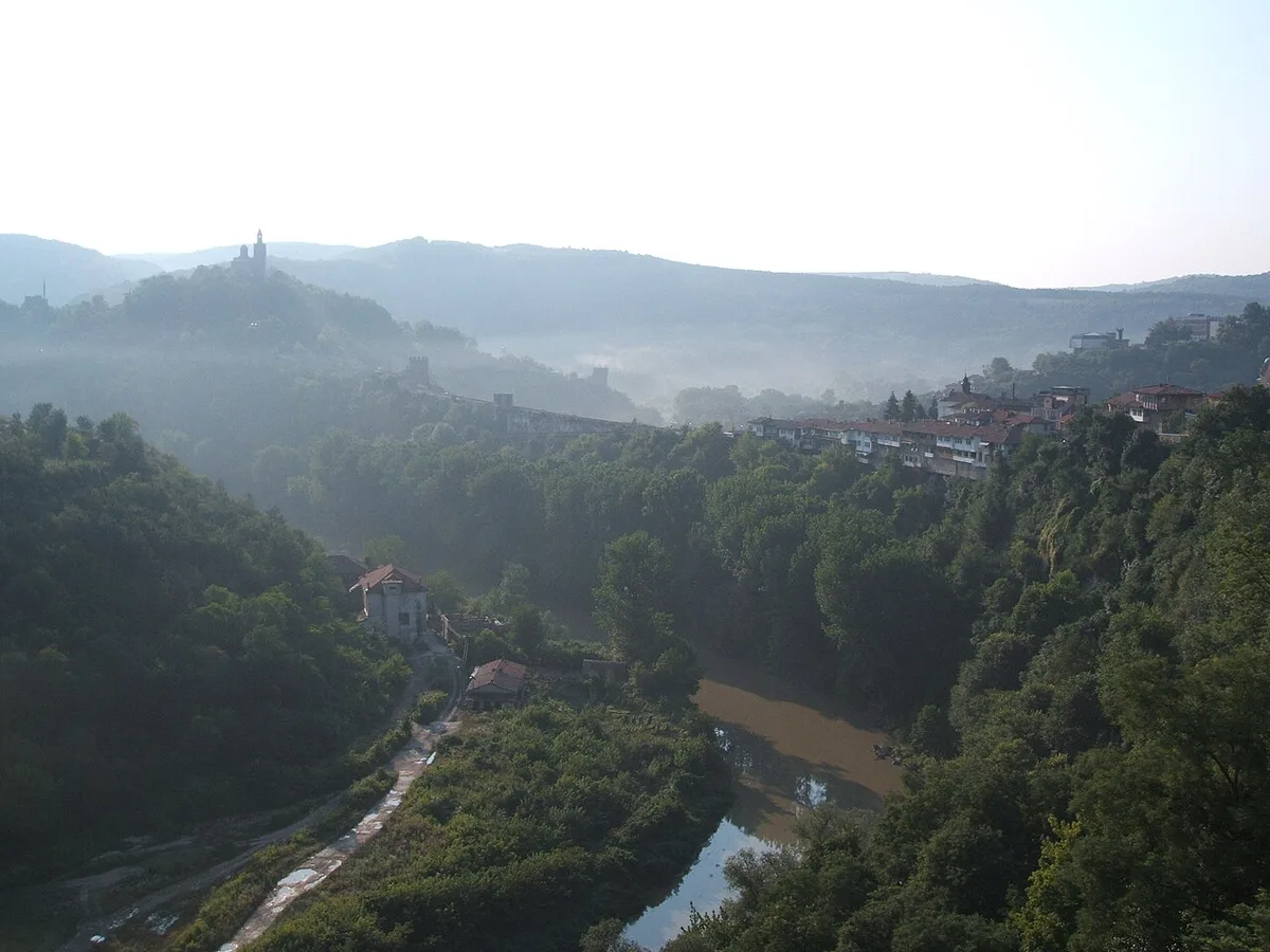 Morning view of Tsarevets fortress on its hill above Veliko Tarnovo, with the old town houses below